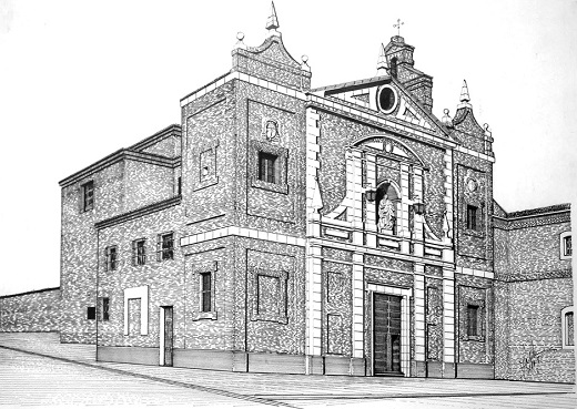 Iglesia de la Inmaculada Concepción (Padres Carmelitas Descalzos) de Medina del Campo. Dibujo a plumín de Juan Antonio del Sol Hernández